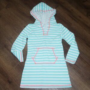Girls Miken Mermaids Aqua Blue White Stripe Hooded Swimsuit Terry Cover Up sz M